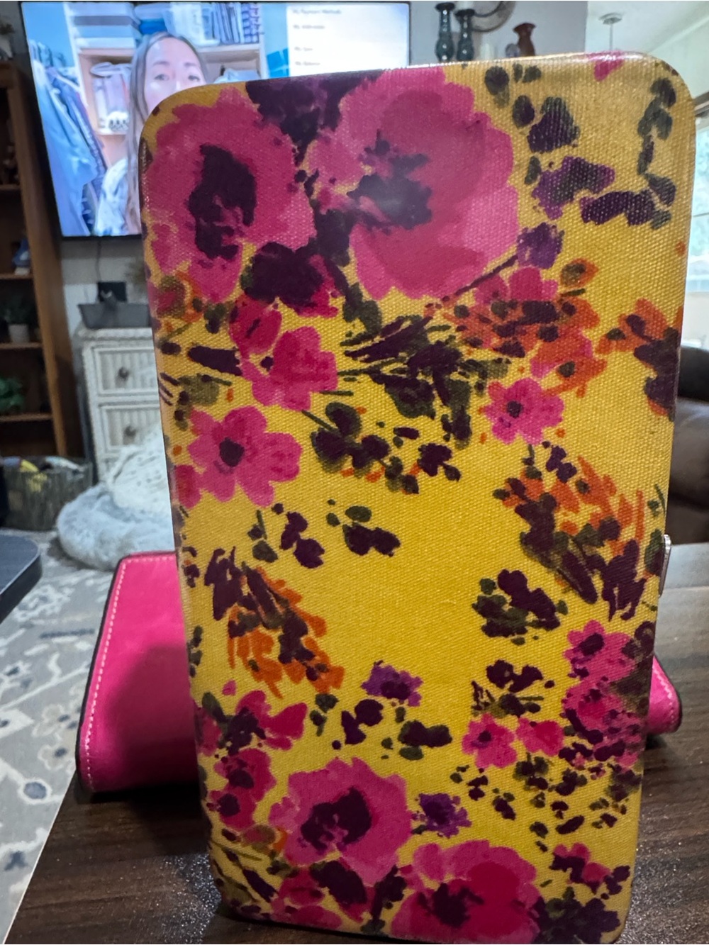 Yellow Floral Wallet Clutch with Pink Accents